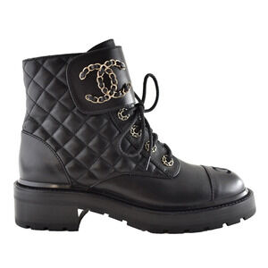 Chanel 21A Black Quilted Gold CC Chain Combat Lace Up Tie Ankle Short Boots 36